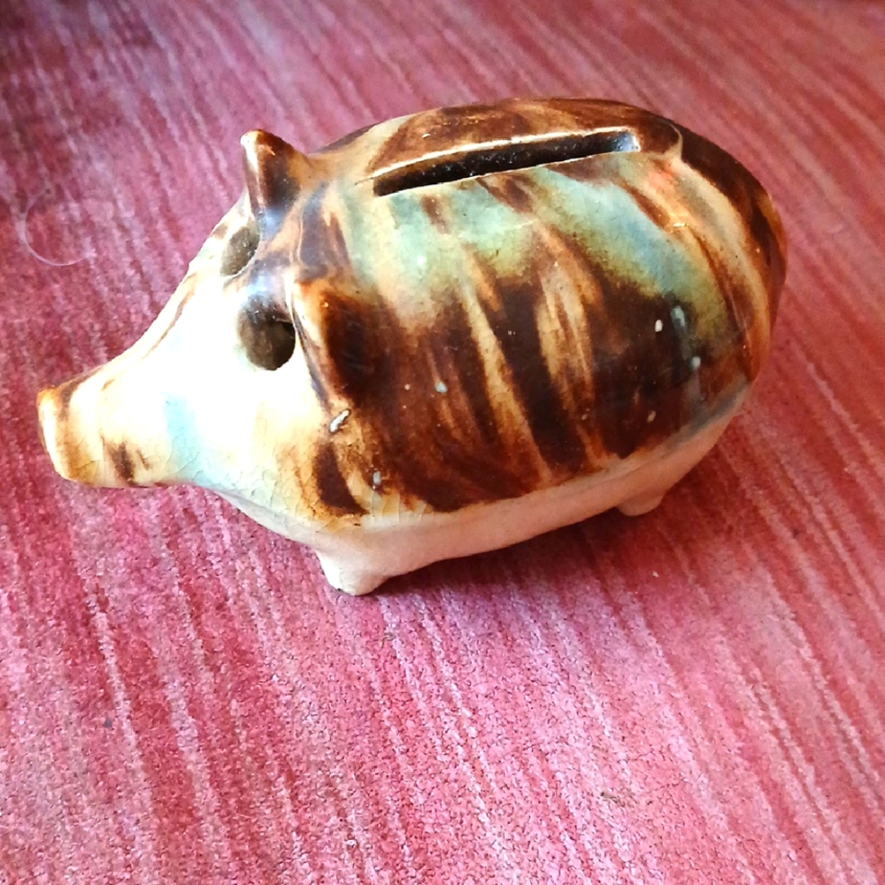 Antique Piggy Bank with Brown and Green Dip Glaze